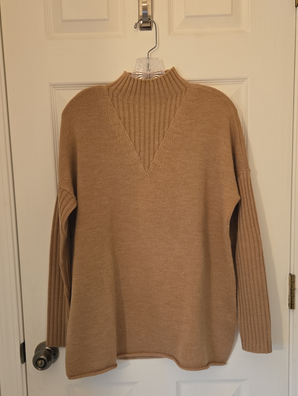 Tory Burch Neutral Camel V‑Neck Mock Rib Sweater